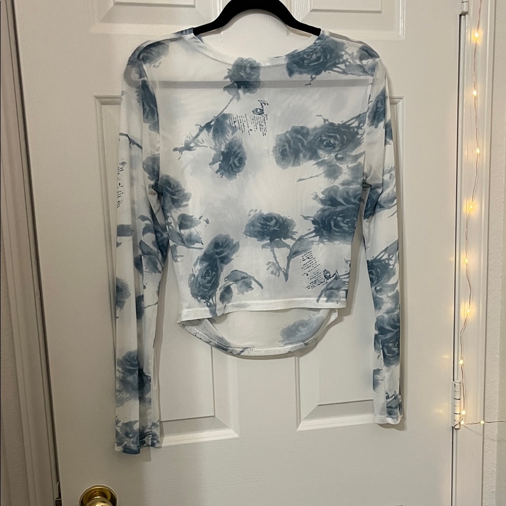 White & Blue Sheer stretch Mesh Long Sleeve Top - Blue Chinoiserie Toile